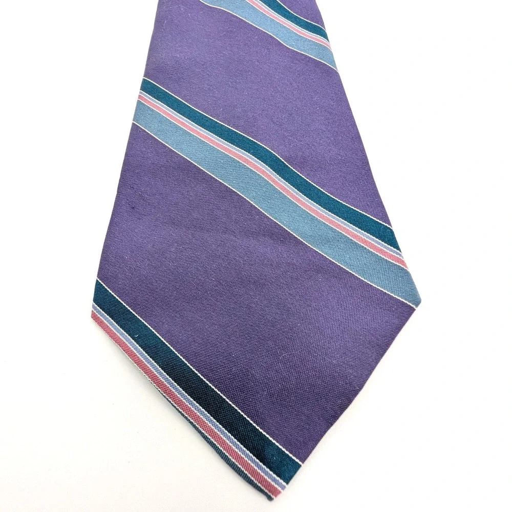 Christian Dior Silk Necktie Purple Teal‎ Pink Striped Vintage Made in USA